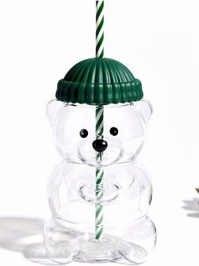 Cute Bear Glass Tumbler with Straw & Lid – Aesthetic Iced Coffee Cup (Green)